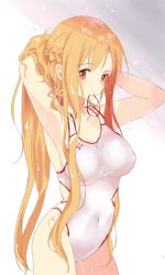 Rule 34 | 153107, 1girl, arms behind head, asuna (sao), braid, breasts, brown eyes, brown hair, cleavage, commentary request, competition swimsuit, covered navel, cowboy shot, crown braid, gradient background, highleg, highleg swimsuit, highres, holding, holding hair, long hair, medium breasts, mouth hold, one-piece swimsuit, rubber band, solo, swimsuit, sword art online, white background