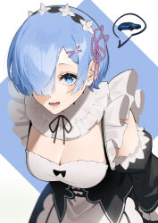 Rule 34 | 1girl, apron, arms behind back, artist name, black dress, black ribbon, black sleeves, blue background, blue eyes, blue hair, breasts, car, cleavage, collar, commentary, detached sleeves, dress, english commentary, flower knot, frilled sleeves, frills, hair ornament, hair over one eye, hair ribbon, highres, large breasts, leaning forward, light blush, looking at viewer, maid, maid headdress, motor vehicle, one eye covered, open mouth, pink ribbon, puffy detached sleeves, puffy sleeves, re:zero kara hajimeru isekai seikatsu, rem (re:zero), ribbon, ribbon-trimmed clothes, ribbon trim, roswaal mansion maid uniform, sasoura, short hair, solo, spoken object, subaru impreza, teeth, two-tone background, waist apron, white apron, white background, white collar, x hair ornament