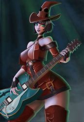 Rule 34 | 1girl, breasts, cleavage, dress, electric guitar, green eyes, guilty gear, guitar, hat, i-no, instrument, makeup, red dress, revealing clothes, short hair, thighhighs, witch hat