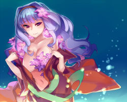 Rule 34 | 1girl, blush, breasts, flower, hair flower, hair ornament, hairband, idolmaster, idolmaster (classic), japanese clothes, kimono, large breasts, long hair, looking at viewer, nemeko, open clothes, purple eyes, shijou takane, silver hair, smile, solo, undressing