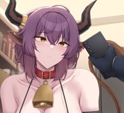 Rule 34 | 1girl, 1other, absurdres, arknights, bare shoulders, bell, bookshelf, cellphone, choker, commentary request, doctor (arknights), highres, holding, holding phone, horns, indoors, kanta (kanta 077), neck bell, parted lips, phone, purple hair, red choker, short hair, sideroca (arknights), smartphone, solo focus, upper body, yellow eyes
