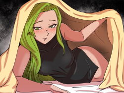 Rule 34 | 1girl, annand (fire emblem), bare arms, bare shoulders, bed sheet, black dress, blanket, blush, commentary, covered collarbone, dress, english commentary, female focus, fire emblem, fire emblem: genealogy of the holy war, green eyes, green hair, green pupils, light green hair, long hair, looking at viewer, matching hair/eyes, mnejing30, nintendo, open mouth, short dress, side slit, single hair intake, sleeveless, sleeveless dress, smile, solo, sweat, under covers