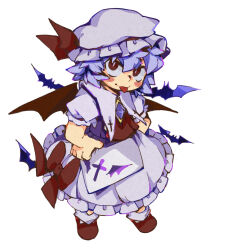 Rule 34 | 1girl, bat (animal), bat wings, blue hair, blue vest, blush stickers, bow, ezier, frilled skirt, frills, hands on own hips, hat, hat ribbon, highres, mob cap, puffy short sleeves, puffy sleeves, red bow, red eyes, red footwear, red ribbon, remilia scarlet, ribbon, shirt, shoes, short hair, short sleeves, skirt, solo, standing, tongue, tongue out, touhou, vest, white background, white hat, white shirt, white skirt, wings