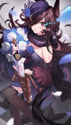 Rule 34 | 1girl, black dress, black thighhighs, blue fire, blue flower, blue hat, blue rose, blurry, blurry foreground, blush, bouquet, brown hair, closed mouth, commentary, cowboy shot, curly hair, dagger, dress, fire, flaming eye, flower, fur scarf, grey background, hair over one eye, hat, highres, horse girl, horse tail, hougu souji, knife, long hair, looking at viewer, mihono bourbon (umamusume), off-shoulder dress, off shoulder, petals, purple eyes, reflection, rice shower (umamusume), rose, scabbard, sheath, simple background, solo, tail, tareme, thighhighs, umamusume, unsheathing, weapon, white flower, white rose