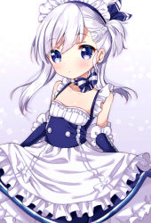 Rule 34 | 1girl, apron, azur lane, bare shoulders, belfast (azur lane), blue bow, blue dress, blue eyes, blue ribbon, bow, braid, collarbone, commentary request, dress, elbow gloves, frilled apron, frills, gloves, hair between eyes, hair ribbon, little bel (azur lane), maid, maid headdress, one side up, ribbon, silver hair, sleeveless, sleeveless dress, solo, striped, striped bow, uchuuneko, waist apron, white apron