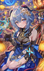 Rule 34 | 1girl, absurdres, ahoge, architecture, bare shoulders, bell, black gloves, blue dress, blue hair, breasts, building, china dress, chinese clothes, chinese knot, dress, east asian architecture, flower, ganyu (genshin impact), ganyu (twilight blossom) (genshin impact), genshin impact, gloves, goat horns, gold trim, hair flower, hair ornament, hand up, highres, horns, lantern, large breasts, looking at viewer, neck bell, on roof, on rooftop, pagoda, pelvic curtain, purple eyes, revision, rooftop, sidelocks, sitting, sitting on roof, sky, solo, torino aqua, vision (genshin impact)