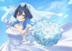 Rule 34 | 1girl, absurdres, alternate costume, blue eyes, blue hair, blue sky, bouquet, breasts, cleavage, commentary request, day, dress, earrings, elbow gloves, flower, gloves, hair intakes, highres, holding, holding bouquet, hololive, hololive english, jewelry, large breasts, long sleeves, looking at viewer, mizuhasi, ouro kronii, outdoors, rose, sidelocks, sky, smile, solo, teeth, virtual youtuber, wedding dress, white dress, white flower, white gloves, white rose