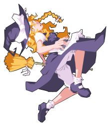 Rule 34 | 1girl, apron, black footwear, black hat, black skirt, black vest, blonde hair, bloomers, bow, braid, bright pupils, broom, cel shading, commentary, english commentary, full body, grunt (tnurg), hair bow, hat, hat bow, highres, holding, holding broom, kirisame marisa, long hair, looking at viewer, looking back, mary janes, open mouth, puffy short sleeves, puffy sleeves, shirt, shoes, short sleeves, side braid, signature, simple background, single braid, skirt, socks, solo, touhou, underwear, vest, waist apron, white apron, white background, white bow, white pupils, white shirt, white socks, witch hat, yellow eyes
