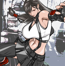 Rule 34 | 1girl, abs, bare shoulders, black bra, black gloves, black hair, black skirt, black thighhighs, bra, breasts, cowboy shot, crop top, dangle earrings, earrings, elbow gloves, fighting stance, final fantasy, final fantasy vii, final fantasy vii remake, fingerless gloves, gloves, hair between eyes, hair tie, highres, jewelry, large breasts, light smile, long hair, looking at viewer, low-tied long hair, midriff, miniskirt, navel, outstretched hand, pleated skirt, red eyes, red footwear, shirt, shunobon, sideboob, sideburns, skirt, solo, suspenders, thighhighs, tifa lockhart, underwear, white shirt, zettai ryouiki