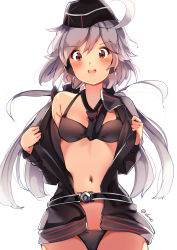 Rule 34 | 1girl, :d, ahoge, bare shoulders, belt, black bra, black hat, black jacket, black necktie, black panties, black ribbon, blush, bra, breasts, c96 (girls&#039; frontline), commentary, english commentary, garrison cap, girls&#039; frontline, hair ribbon, hat, highres, jacket, kani fish, long hair, low twintails, navel, necktie, open clothes, open jacket, open mouth, panties, red eyes, ribbon, simple background, small breasts, smile, solo, stomach, twintails, twitter username, underwear, undressing, v-shaped eyebrows, white background