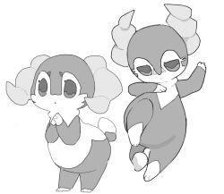 Rule 34 | 1boy, 1girl, animal hands, arched back, arm up, body fur, creatures (company), from above, full body, furry, game freak, gen 8 pokemon, greyscale, half-closed eyes, hand on own chest, hand up, hands up, horns, indeedee, indeedee (female), indeedee (male), interlocked fingers, leaning forward, leg up, lying, monochrome, nintendo, on back, open mouth, own hands together, pokemon, pokemon (creature), sheep boy, sheep girl, sp (sweet potato), standing, tail, two-tone fur