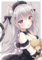 Rule 34 | 1girl, :o, ahoge, animal ears, black bow, black collar, black dress, black gloves, blush, border, bow, breasts, cat ears, cat girl, cat tail, cleavage, collar, commentary request, cross hair ornament, detached collar, dress, elbow gloves, extra ears, fang, frilled dress, frills, fur-trimmed collar, fur-trimmed gloves, fur trim, gloves, grey background, grey hair, hair between eyes, hair bow, hair ornament, looking at viewer, maid headdress, medium breasts, hugging object, open mouth, original, picpicgram, red eyes, solo, stuffed animal, stuffed toy, tail, teddy bear, two side up, white border