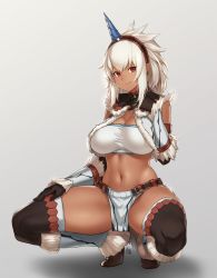 Rule 34 | 1girl, arm guards, belt, black footwear, black gloves, boots, breasts, capelet, cleavage, closed mouth, dark-skinned female, dark skin, elbow gloves, fur trim, gem, gloves, hairband, hand on own chest, hand on own thigh, highres, horns, houtengeki, kirin (armor), large breasts, loincloth, long hair, looking at viewer, monster hunter (series), navel, red eyes, shin guards, sidelocks, signature, single horn, smile, solo, stomach, thigh boots, thighhighs, two-tone hairband
