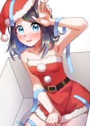 Rule 34 | 1girl, arm up, armpits, bare arms, bare shoulders, belt, black hair, blue eyes, blue hair, blush, box, collarbone, colored inner hair, creatures (company), dress, fur-trimmed dress, fur-trimmed headwear, fur trim, game freak, hair ornament, hairclip, hand on own head, hat, highres, in box, in container, kneeling, liko (pokemon), looking at viewer, multicolored hair, muuuu (fnkk5428), nintendo, open mouth, pokemon, pokemon (anime), pokemon horizons, santa costume, santa dress, santa hat, short dress, short hair, sleeveless, sleeveless dress, solo, strapless, strapless dress, streamers, tearing up, thighs, two-tone hair, white background