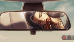 Rule 34 | 1boy, 1girl, black hair, blazer, blue sky, breasts, bulging veins, car, car interior, censored, cleavage, collarbone, commentary request, earrings, elleciel.eud, erection, executive mishiro, fellatio, formal, green eyes, hair pulled back, head tilt, hetero, idolmaster, idolmaster cinderella girls, jacket, jewelry, long hair, mirror, mosaic censoring, motor vehicle, necklace, one eye closed, open mouth, oral, penis, ponytail, rear-view mirror, sky, solo focus, suit, tongue, tongue out, traffic light