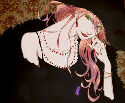 Rule 34 | 00s, 1girl, bare shoulders, bracelet, closed mouth, collarbone, dress, earrings, eyeshadow, fur, hat, head tilt, hourouzanmai, howl no ugoku shiro, jewelry, lipstick, long hair, looking at viewer, makeup, nail polish, necklace, pink hair, red lips, red nails, simple background, smile, solo, studio ghibli, upper body, witch of the waste