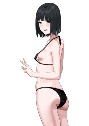 Rule 34 | 1girl, absurdres, areola slip, armpit peek, ass, bare shoulders, bikini, black bikini, black eyes, black hair, blush, bra slip, breasts, collarbone, commentary request, cowboy shot, fffukuzawa, from side, halterneck, highres, looking at viewer, looking to the side, loose bikini, medium hair, open mouth, original, sidelocks, simple background, small breasts, smile, solo, swimsuit, thighs, v, white background