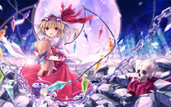 Rule 34 | 1girl, 6u (eternal land), bad id, bad pixiv id, blonde hair, bow, chain, city, hugging doll, embodiment of scarlet devil, female focus, flandre scarlet, frilled skirt, frills, full moon, hat, hat ribbon, kiyu, moon, hugging object, open mouth, red eyes, red skirt, ribbon, shirt, side ponytail, skirt, skirt set, skull, skyline, smile, solo, stuffed animal, stuffed toy, teddy bear, touhou, wings, wrist cuffs