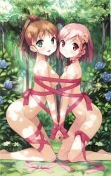 Rule 34 | 2girls, absurdres, bare legs, barefoot, blush, braid, breast press, breasts, brown hair, closed mouth, cropped, day, flower, from side, green eyes, hair flower, hair ornament, hair ribbon, hand grab, highres, holding hands, interlocked fingers, kantoku, kneeling, leaning forward, looking at viewer, medium hair, minagawa yuuhi, multiple girls, naked ribbon, outdoors, pink eyes, pink hair, ponytail, ribbon, scan, short hair, side braid, small breasts, smile, symmetrical docking, your diary, yua (your diary)