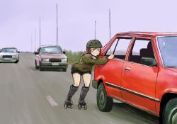 Rule 34 | 10s, 1girl, black shorts, blue sky, brown eyes, brown hair, brown jacket, car, cloud, cloudy sky, commentary, day, derivative work, emblem, frown, girls und panzer, grimace, helmet, helmet-chan (girls und panzer), highres, jacket, long sleeves, military, military uniform, miraruto (h3yja), motor vehicle, outdoors, roller skates, saunders military uniform, scared, scene reference, short hair, shorts, skates, sky, solo focus, standing, star (symbol), sweatdrop, uniform, v-shaped eyebrows, vehicle focus