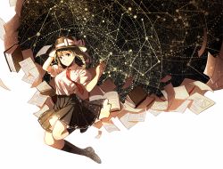 Rule 34 | 1girl, black skirt, black socks, book, bow, brown eyes, brown hair, closed mouth, constellation, dress shirt, fedora, full body, hair bow, hat, hat bow, libra (constellation), looking at viewer, necktie, paper, puffy short sleeves, puffy sleeves, red necktie, shirt, short sleeves, silence girl, skirt, sky, smile, socks, solo, star (sky), starry sky, touhou, usami renko, white bow, white shirt