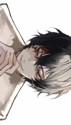 Rule 34 | 1boy, black hair, blood, blood on face, brown eyes, bungou stray dogs, commentary, dazai osamu (bungou stray dogs), hair between eyes, hand to own mouth, highres, looking at viewer, male focus, portrait, prison clothes, short hair, simple background, smile, solo, white background, ya ta