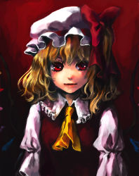 Rule 34 | 1girl, ascot, blonde hair, bow, faux traditional media, female focus, flandre scarlet, hair bow, hat, kayako (tdxxxk), light smile, lips, portrait, red eyes, side ponytail, solo, touhou, upper body