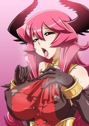 Rule 34 | 1girl, borrowed character, bracelet, breasts, ascot, demon girl, elbow gloves, covered erect nipples, gloves, horns, huge breasts, jewelry, large breasts, long hair, maou beluzel, naughty face, nori (akusei shinseibutsu), open mouth, original, pink hair, red eyes, solo, source request, tongue, yuusha to maou