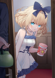 Rule 34 | 1boy, 1girl, :d, bare arms, bare shoulders, black shirt, blonde hair, blue bow, blue eyes, blush, bow, breasts, center frills, collarbone, commentary request, cup ramen, dress, frills, hair between eyes, hair bow, holding, indoors, kettle, medium breasts, nervous smile, open door, open mouth, original, shirt, sleeveless, sleeveless dress, smile, solo focus, sweat, thighhighs, tokuno yuika, white dress, white thighhighs