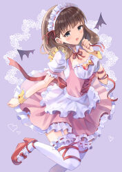 Rule 34 | 1girl, apron, bat wings, blue eyes, blurry, blush, bow, breasts, brown hair, cleavage, cleavage cutout, clenched hands, clothing cutout, collar, detached collar, dot nose, dress, dress bow, frilled dress, frills, from side, garter straps, hand up, heart, heart print, high heels, idolmaster, idolmaster cinderella girls, idolmaster cinderella girls starlight stage, leg ribbon, leg up, looking at viewer, medium breasts, neck ribbon, open mouth, pink dress, pink ribbon, puffy short sleeves, puffy sleeves, purple background, red bow, red footwear, ribbon, ribbon-trimmed headwear, ribbon-trimmed thighhighs, ribbon trim, sakuma mayu, seuyu majin, short hair, short sleeves, smile, solo, standing, standing on one leg, thighhighs, waist apron, white apron, white collar, white headdress, white thighhighs, wings, yellow wrist cuffs