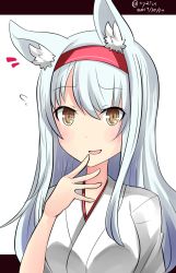 Rule 34 | 1girl, :d, animal ears, brown eyes, commentary request, covering own mouth, flying sweatdrops, fox ears, hachimaki, headband, hebitsukai-san, highres, japanese clothes, kantai collection, kemonomimi mode, long hair, looking at viewer, open mouth, shoukaku (kancolle), silver hair, simple background, smile, solo, white background