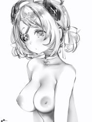 Rule 34 | 1girl, nanashi inc., animal ears, bad id, bad pixiv id, blush, breasts, choker, closed mouth, eyepatch, greyscale, hair ornament, hairclip, highres, honey strap, inverted nipples, large breasts, looking at viewer, monochrome, nanashi (nlo), nipples, nude, one eye covered, ponytail, sekishiro mico, short hair, simple background, smile, solo, upper body, virtual youtuber, white background, x hair ornament