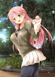 Rule 34 | 1girl, :d, absurdres, akashi (kancolle), alternate costume, blue sky, blush, breasts, brown cardigan, cardigan, casual, collarbone, crepe, dated, day, dog tags, fence, floral print, food, from side, green eyes, grey pants, hair between eyes, hair ribbon, hedge, highres, holding, holding food, jewelry, kantai collection, lamppost, long hair, long sleeves, looking at viewer, necklace, non-web source, open mouth, outdoors, pants, pants under skirt, pink hair, pleated skirt, ribbon, sharing food, shirt, sidelocks, skirt, sky, smile, solo, tree, tress ribbon, white skirt, yua (checkmate), zipper