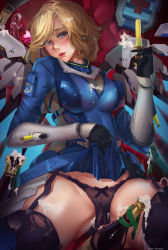 Rule 34 | absurdres, alcohol, blonde hair, blue eyes, blush, bow, bow panties, champagne, clothes lift, ctrlz77, eyelashes, garter belt, gloves, head tilt, highres, lips, looking to the side, mechanical wings, mercy (overwatch), overwatch, overwatch (logo), overwatch 1, panties, presenting, pussy, see-through, skirt, skirt lift, solo, spread legs, suggestive fluid, syringe, underwear, vambraces, wings