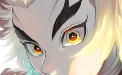 Rule 34 | 1boy, blonde hair, close-up, colored tips, commentary, eye focus, forked eyebrows, haruki sugiura, highres, kimetsu no yaiba, light particles, looking at viewer, male focus, multicolored eyes, multicolored hair, red eyes, red hair, rengoku kyoujurou, simple background, solo, streaked hair, sunlight, white background, yellow eyes