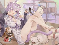 Rule 34 | 1girl, :d, absurdres, ahoge, animal ears, bare legs, black jacket, blue hair, blush, box, breasts, cardboard box, cat, cat ears, cat tail, cleavage, colored inner hair, fang, full body, highres, hololive, hxxg, indoors, jacket, knees up, long sleeves, looking at viewer, medium breasts, mr. squeaks (hakos baelz), multicolored hair, nekomata okayu, nekomata okayu (oversized shirt), off shoulder, open clothes, open jacket, open mouth, purple eyes, purple hair, shirt, sleeves past wrists, slippers, smile, solo, tail, tail censor, virtual youtuber, white shirt