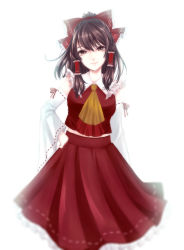 Rule 34 | 1girl, arm ribbon, ascot, bad id, bad pixiv id, bare shoulders, blurry, bow, breasts, brown eyes, brown hair, commentary, detached sleeves, feet out of frame, frilled bow, frilled shirt collar, frills, hair between eyes, hair bow, hair tubes, hakurei reimu, highres, long hair, long sleeves, medium breasts, midriff peek, nashite, petticoat, red bow, red ribbon, red skirt, ribbon, ribbon-trimmed skirt, ribbon-trimmed sleeves, ribbon trim, sidelocks, simple background, skirt, skirt set, solo, standing, touhou, white background, wide sleeves, yellow ascot