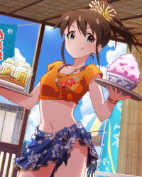 Rule 34 | 10s, 1girl, :p, alcohol, beach, beer, blue eyes, bracelet, brown hair, cloud, crop top, day, floral print, food, hair ornament, idolmaster, idolmaster million live!, jewelry, licking lips, looking at viewer, midriff, navel, necklace, official art, ponytail, sarong, satake minako, shaved ice, shirt, sky, solo, tied shirt, tongue, tongue out, tray