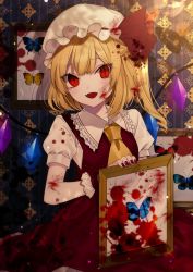 Rule 34 | 1girl, :d, ascot, blonde hair, blood, blood in hair, blood on clothes, blood on face, breasts, bug, butterfly, commentary request, crack, crystal, daimaou ruaeru, eyelashes, eyes visible through hair, fang, flandre scarlet, frilled shirt collar, frills, hat, hat ribbon, headpat, highres, holding, indoors, insect, light particles, long hair, looking at viewer, mob cap, nail polish, one side up, open mouth, picture frame, puffy short sleeves, puffy sleeves, red eyes, red nails, red ribbon, red skirt, red vest, ribbon, shirt, short sleeves, skirt, skirt set, slit pupils, small breasts, smile, solo, sparkle, touhou, vest, wallpaper (object), white hat, white shirt, wings, wrist cuffs, yellow ascot