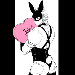 Rule 34 | 1boy, adapted costume, animal ears, ass, closed mouth, commentary request, dio brando, ear birthmark, from behind, grm jogio, heart, heart-shaped pillow, holding, holding pillow, jojo no kimyou na bouken, looking at viewer, looking back, male focus, mask, monochrome, phantom blood, pillow, rabbit ears, rabbit tail, short hair, solo, spot color, suspenders, tail