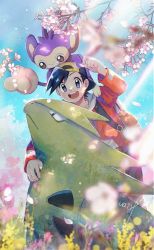 Rule 34 | 1boy, :d, aipom, backwards hat, black hair, blurry, commentary request, creatures (company), day, ethan (pokemon), falling petals, game freak, gen 2 pokemon, grey eyes, hanenbo, hat, highres, holding, holding petal, jacket, light rays, long sleeves, looking at viewer, male focus, nintendo, open mouth, outdoors, petals, pokemon, pokemon (creature), pokemon hgss, red jacket, riding, riding pokemon, short hair, sky, smile, teeth, tongue, tyranitar, upper teeth only