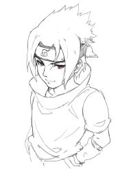 Rule 34 | 1boy, closed mouth, commentary, cowboy shot, greyscale, hands in pockets, haoni, headband, long sleeves, looking at viewer, male focus, monochrome, naruto, naruto (series), red eyes, simple background, smile, solo, spot color, standing, uchiha sasuke, white background