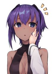 Rule 34 | 2girls, ^^^, blue eyes, blush, breasts, cleavage, cleavage cutout, clothing cutout, dark-skinned female, dark skin, fate/grand order, fate/prototype, fate/prototype: fragments of blue and silver, fate (series), fujimaru ritsuka (female), hair between eyes, hand on another&#039;s cheek, hand on another&#039;s face, hassan of serenity (fate), leotard, long sleeves, looking at viewer, medium breasts, monobe tsukuri, multiple girls, parted lips, pov, purple hair, short hair with long locks, simple background, solo focus, turtleneck, upper body, white background