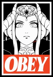 Rule 34 | 1girl, artist name, black background, border, commentary, crown, edelgard von hresvelg, english commentary, english text, facing viewer, fire emblem, fire emblem: three houses, hair bun, horns, jewelry, jivke, limited palette, long hair, looking at viewer, monochrome, nintendo, obey, poster (medium), simple background, single hair bun, solo, white border