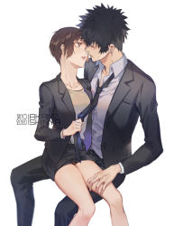 Rule 34 | 1boy, 1girl, 2020, black hair, black jacket, black neckwear, black pants, black skirt, brown eyes, brown hair, character name, closed eyes, collarbone, collared shirt, couple, dress shirt, formal, gradient neckwear, grey shirt, hand on another&#039;s leg, hetero, highres, imminent kiss, invisible chair, jacket, kistina, kougami shin&#039;ya, long sleeves, miniskirt, necktie, necktie grab, neckwear grab, open clothes, open jacket, pant suit, pants, parted lips, pencil skirt, psycho-pass, shirt, short hair, simple background, sitting, sitting on lap, sitting on person, skirt, skirt suit, spiked hair, suit, tsunemori akane, white background, wing collar