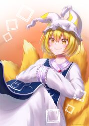 Rule 34 | 1girl, absurdres, animal ears, animal hat, blonde hair, blue tabard, closed mouth, commentary request, fox ears, fox tail, hands in opposite sleeves, hat, highres, long sleeves, mob cap, multiple tails, short hair, smile, solo, suzuzora niji, tabard, tail, touhou, twitter username, yakumo ran, yellow eyes