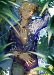Rule 34 | 1boy, blonde hair, blue shirt, collared shirt, cowboy shot, earrings, fate/grand order, fate (series), gilgamesh (establishment) (fate), gilgamesh (fate), gold bracelet, gold earrings, gold necklace, grey pants, hair between eyes, hand on own head, hand on own stomach, jewelry, looking at viewer, looking to the side, lying, male focus, multiple bracelets, necklace, official alternate costume, on back, pants, parted lips, partially submerged, plant, red eyes, shirt, short hair, signature, sleeve cuffs, sleeves past elbows, solo, takashi (huzakenna), teeth, water, wet