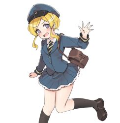 Rule 34 | 1girl, @ @, aa211108, bag, blonde hair, blue jacket, blue skirt, brown bag, collar, collared shirt, emily stewart, eyelashes, feet out of frame, hand up, hat, idolmaster, idolmaster million live!, idolmaster million live! theater days, jacket, kneehighs, loafers, long sleeves, necktie, open mouth, parted bangs, pleated skirt, purple eyes, shirt, shoes, short hair, shoulder bag, shy, sidelocks, skirt, socks, solo, standing, standing on one leg, striped necktie, v-shaped eyebrows, wavy mouth, white collar