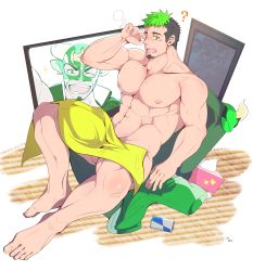 Rule 34 | 1boy, ?, abs, absurdres, bara, black hair, bulge, chair, crow (siranui), facial hair, full body, goatee, green eyes, highres, ikusaba daisuke, large pectorals, looking at viewer, male focus, manly, multicolored hair, muscular, navel, nipples, pectorals, short hair, sideburns, solo, taurus mask, television, thick thighs, thighs, tokyo houkago summoners, topless male, undressing, wrestling outfit, yawning