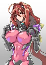 Rule 34 | 1girl, ahoge, arms up, black gloves, bodysuit, breasts, covered navel, fortified suit, from side, frown, gloves, gonrikiya, hair intakes, hair ribbon, highres, kagami sumika, large breasts, long hair, looking ahead, muv-luv, muv-luv alternative, pilot suit, pink bodysuit, red eyes, red hair, ribbon, skin tight, solo, very long hair, yellow ribbon